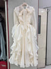 Purple Dress Women Bow Collar Ruffles Lace Up Waist Long Sleeves Embroidery Dresses Autumn 3A555