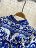 Spring Autumn Retro Palace Long Sleeved Standing Neck Waist Slim Appearance Single woman Breasted A-line Celadon Print Dress