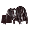 PU Leather Women Coat Skirt Suits Button Long Sleeve Lapel Female Jacket Sets Autumn Bodycon Mini Skirts 2 Pieces Outfits