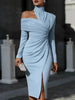 Elegant Hight Waist Draped Bodycon Dresses High Collar Split Midi Dress Women Casual Long Sleeve Solid Slim Party Dress