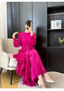 Royal Blue Pleated French Women's Dress Chic Ruffled Irregular Tie Design Long Sleeve Clothing 2DB3939