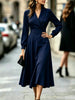 Autumn Women's Notched Work Long Sleeve Maxi Dress Wrap Waist A Line Midi Dress Elegant Long Party Dress Robe Femme