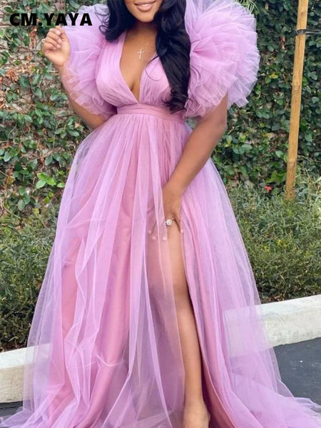 Women Cascading Ruffles Shoulder High Side Split Mesh Patchwork Maxi Long Dress sexy even Party Vestidos Dresses