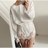 Women's Satin Short Dress Patchwork Lace Trim Crew Neck Long Sleeve Loose Dresses Spring Lady Casual Daily Chic Streetwear