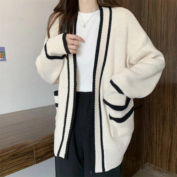 Autumn Vintage Mid Long Sweater Cardigan Woman Preppy Style Contrast Color Knitted Coat No Button Casual Street Open Outerwear