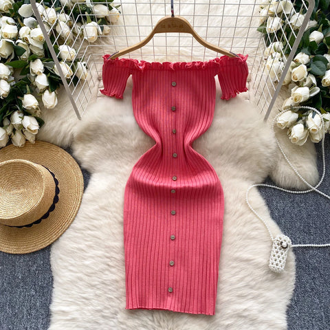 Pink Solid Button Front Spaghetti Dress Sexy Knit Slash Neck Mini Dress Bodycon Women's Clothing Outfits Ruffles