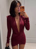 Sexy Burgundy Deep V-neck Mini Dress Women Elegant Full Sleeve Shoulder Pads Pleated Slim Short Dresses Lady Evening Party Gowns
