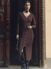 Elegant Evening Dress Women V Neck Long Sleeve Patchwork Button Slit Sweater Dresses Autumn Winter Knit Maxi Dress