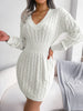 V Neck Casual Short Knit Dress Autumn Winter Women Solid Long Sleeve Dress Lady Khaki Bodycon Knitted Dresses