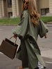 Women Chic Long Trench Coat Loose Lantern Sleeve Stand Collar Side Slit Single Breasted Windproof Outerwear Casual Ladies Jacket
