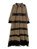 Lace Patchwork Pleated Dress For Women Lapel Long Flare Sleeves Color Block Elegant Party Clothing 32A431