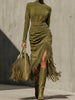 Turtleneck Long Sleeve Bodycon Dress Casual Long Sleeve Solid Slim Tassel Dress Women's Elegant Draped Suede Long Dress