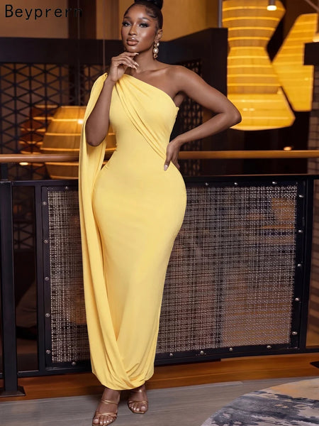 Elegant One Shoulder Yellow Maxi Dress for Women Sexy Bodycon Evening Party Gown with Cape Wedding Guest Prom