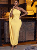 Elegant One Shoulder Yellow Maxi Dress for Women Sexy Bodycon Evening Party Gown with Cape Wedding Guest Prom