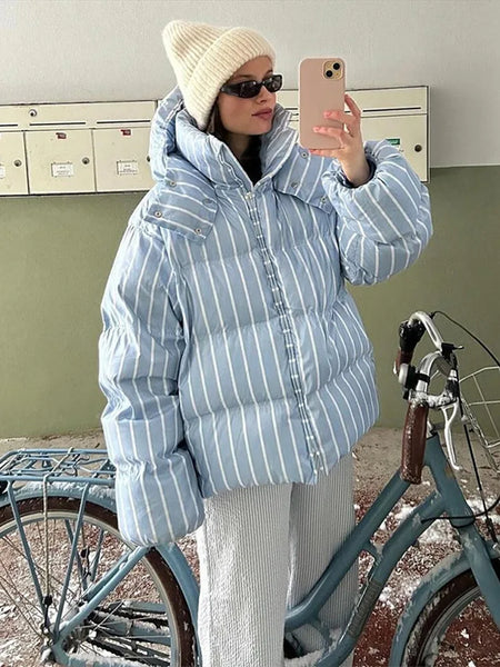 Winter Striped Women's Hooded Quilted Jacket Thicken Zipper Long Sleeve Short Coat Casual Female Loose Warm Outerwear