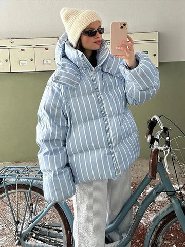 Winter Striped Women's Hooded Quilted Jacket Thicken Zipper Long Sleeve Short Coat Casual Female Loose Warm Outerwear