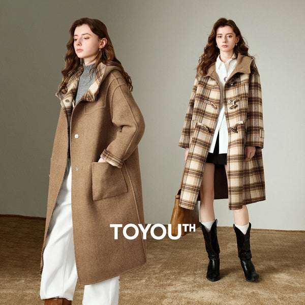 Women Woolen Long Coat Winter Nomadic Style Sheep Wool Plaid Hooded Cow Horn Buckle Female Overcoat