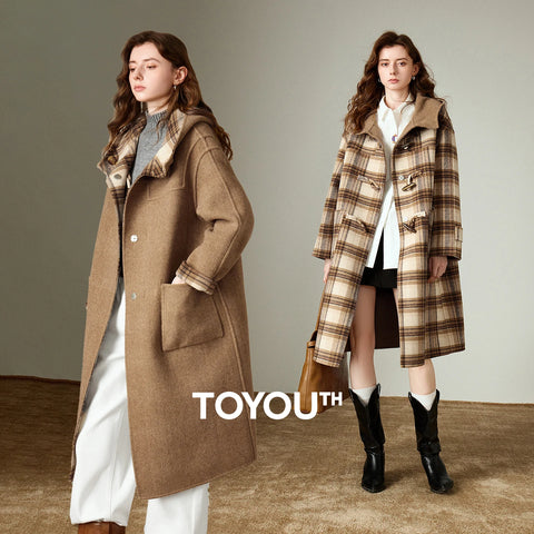 Women Woolen Long Coat Winter Nomadic Style Sheep Wool Plaid Hooded Cow Horn Buckle Female Overcoat