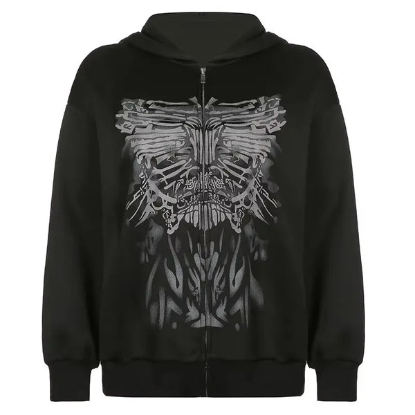 Y2K Gothic Butterfly Print Zip Up Women Hoodies Winter Grunge Skeleton Sweatshirt Casual Hooded Jacket Streetwear Hoodie