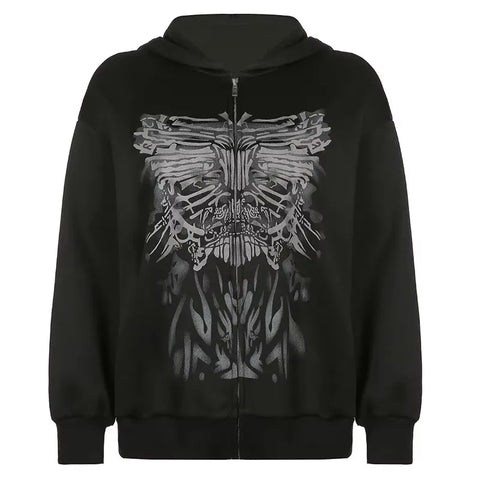 Y2K Gothic Butterfly Print Zip Up Women Hoodies Winter Grunge Skeleton Sweatshirt Casual Hooded Jacket Streetwear Hoodie