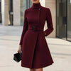 Elegant Retro Long Sleeved Button A-line Dress Autumn Winter Women's Clothing Casual High Tie Belt Pockets Mid Length Frock