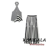 Fall Striped Patchwork Women Blue Suit Neck-mounted Vest+ Modern Straight Pants Night Party Streetwear Set