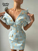 Elegant Women's Printed Buttons Short Dress Waist Cinched Shoulder Pads High Collar Dresses Autumn Lady Holiday Party Robes