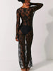Women’s See-Through Lace Dress Long Sleeve Slit Hem Dress Chemise Vacation sexy robe nightclub girls tight clothes