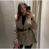Women's Striped Blazer Belted Single Breasted Long Sleeve Lapel Neck Coat Female Casual Daily Commute Office Jacket