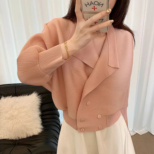 Pleated Cropped Blazer Women Batwing Sleeve Open Front Button Cardigan Jacket Elegant Office Casual Coat