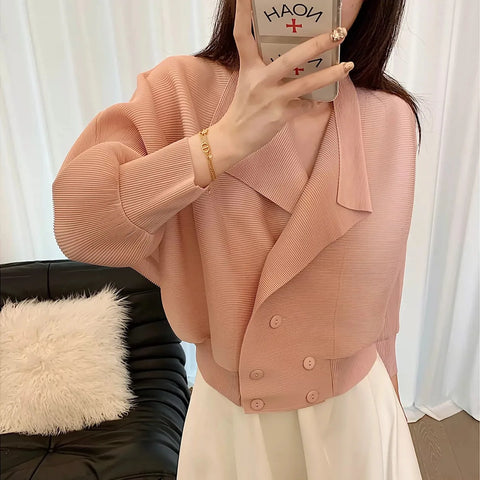 Pleated Cropped Blazer Women Batwing Sleeve Open Front Button Cardigan Jacket Elegant Office Casual Coat