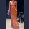 Women Maxi Dress Sexy Stand Collar Long Sleeve Hollow Out Lace Patchwork Satin Dresses Wedding Guest Party Long Gown