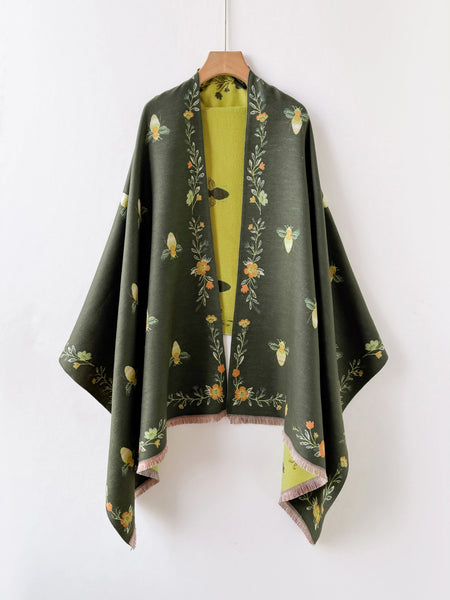 English: Bee Floral Print Open Front Shawl Wrap, Reversible Tassel Poncho Cape, Women Warm Throw Blanket Scarf for Daily Travel