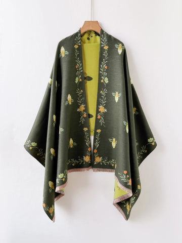 English: Bee Floral Print Open Front Shawl Wrap, Reversible Tassel Poncho Cape, Women Warm Throw Blanket Scarf for Daily Travel
