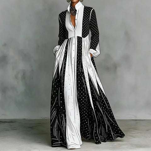 Women's Black White Polka Dot Maxi Dress Elegant Long Sleeve Pleated Shirt Dress with Pockets for Women Everyday Outfit