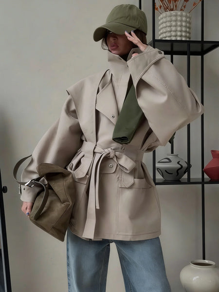 Oversized Tie Waist Short Trench Coat Stand Collar Long Sleeve Patch Pockets Spring Chic Daily Casual Women Jacket