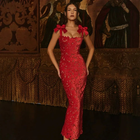 Year Women‘s Red Evening Dress Mid-Length Elegant Floral Christmas Dress with Bow Straps Cocktail Party Gown Dress