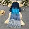 Tassel Patchwok Color Block Dress for Women Pleated Puff Sleeve Mid-calf Dresses Female Autumn