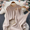 Winter Women Knitted Sets Breading Long Sleeve Pearl Sweater+Knitted Camis Dress Sets Sweater Suits