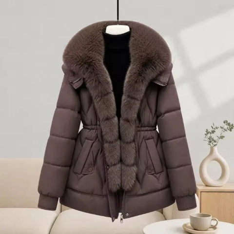 Women Large Fur Collar Warm Mid-Length Down Cotton Jacket Winter Coat Puffer Jacket Female Parkas Outerwear