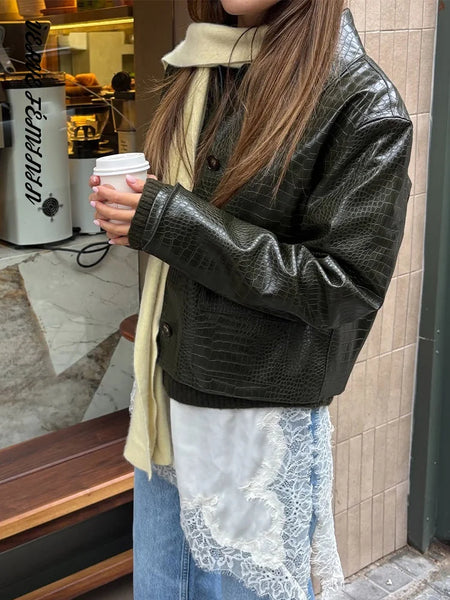 Lapel Long Sleeve Faux Leather Jacket Women Street Turn-down Collar Single Breasted Loose Coats Chic Lady Jackets Outerwears