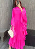 Ruffle Sleeves Pleated Dress For Women Lapel Solid Color Maxi Style Loose Elegant Clothing Spring 2DA2766