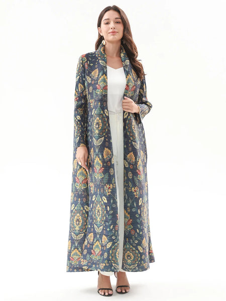 Pleated Turndown Collar Long Sleeve Cardigan Dress Women Spring Abaya Original Designer Vintage Printed Coat