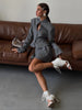 Women Grey Stand‑collar Keyhole Blazer Mini Skirt 2 Piece Set Chic Long‑sleeve Fitted Suit Lady Street Commute Outwear