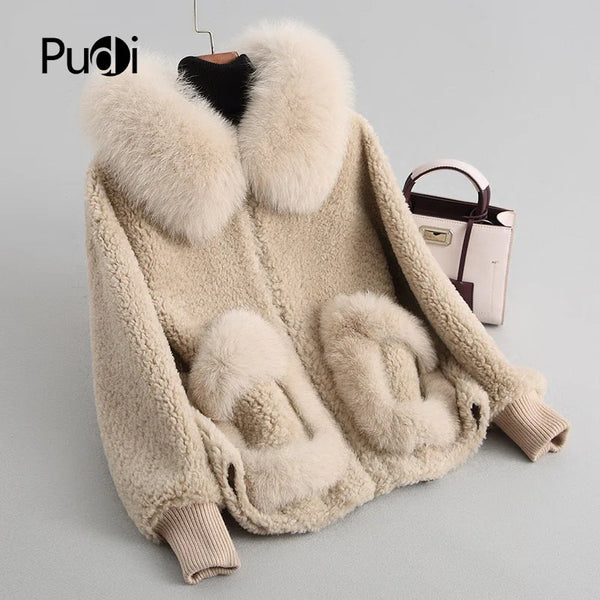 A18103 Women's Winter Wool Warm Real Fox Fur Hood Coat Lady Real Wool Long Coat Jacket Overcoat