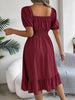 Solid Puff Sleeve Square Neck Ruched Bust Ruffle Hem Wasit Dress, Women's Clothing