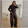 Women Leather Bomber Jackets Coats With Belt Notched Shoulder Pads Motorcycle Street Chic Short Outwear Solid Lace Up