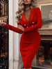 Sexy Deep V-neck Long-sleeved Slim Dress For Women Autumn Winter Solid Color Office Ladiy Button Hip Dresses Female