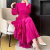 Royal Blue Pleated French Women's Dress Chic Ruffled Irregular Tie Design Long Sleeve Clothing 2DB3939