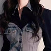 Black Stitching Denim Polo Collar Waist Shirt Woman Autumn Korean Denim Shirt Tops Casual Female Windbreaker